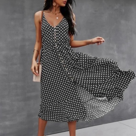 Boho polka dots  button up v neck tie polka dot dress - Picture 2 of 15